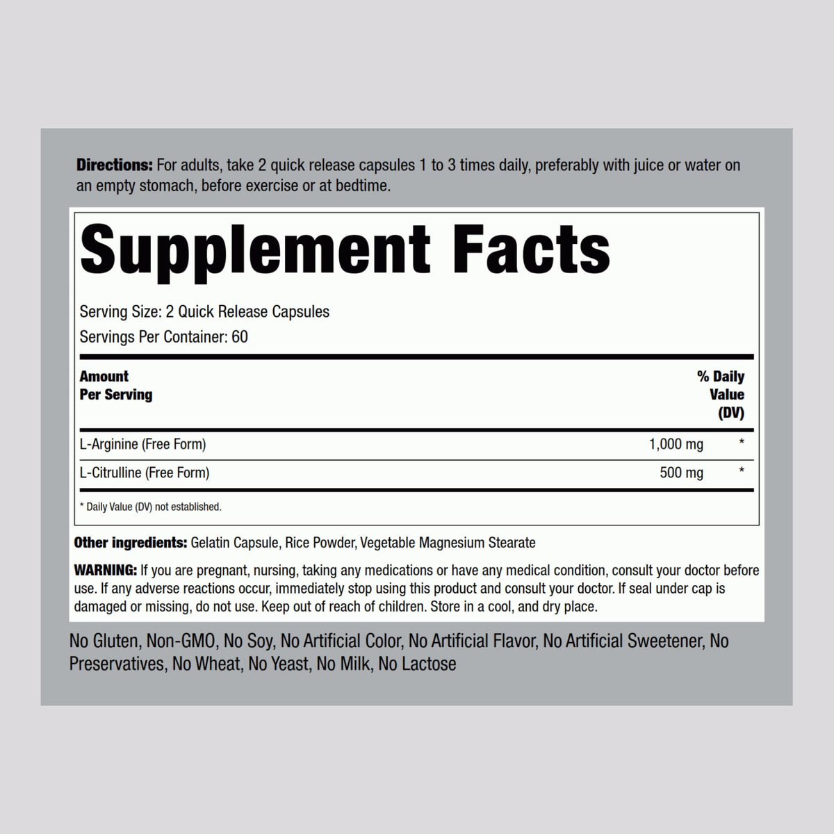 Piping Rock L-Arginine L-Citrulline 1500 mg - 120 Capsules Pack of 2