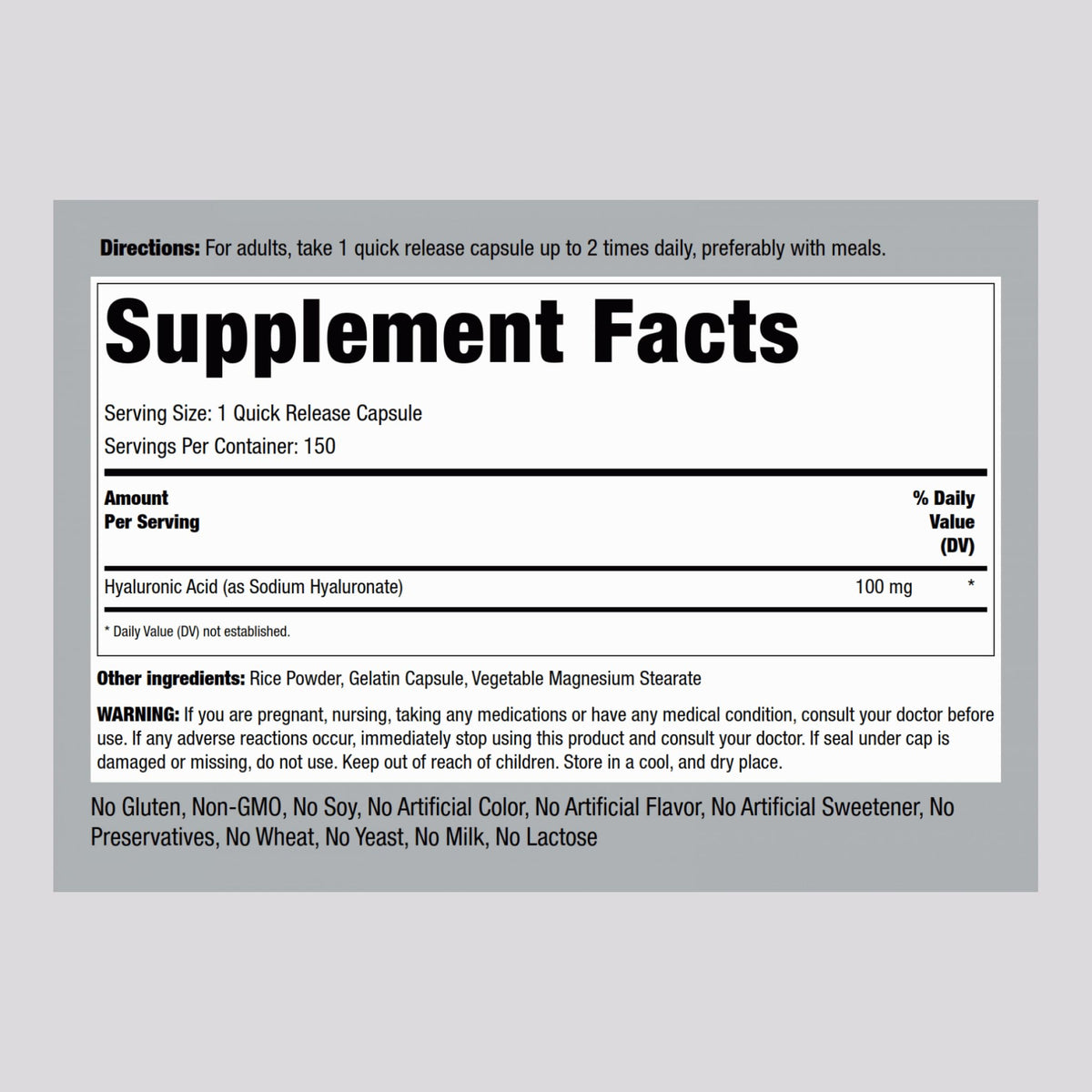 Piping Rock Hyaluronic Acid Supplement | 100 mg | 150 Capsules | Sodium Hyaluronate | Non-GMO, Gluten Free (Pack of 2)