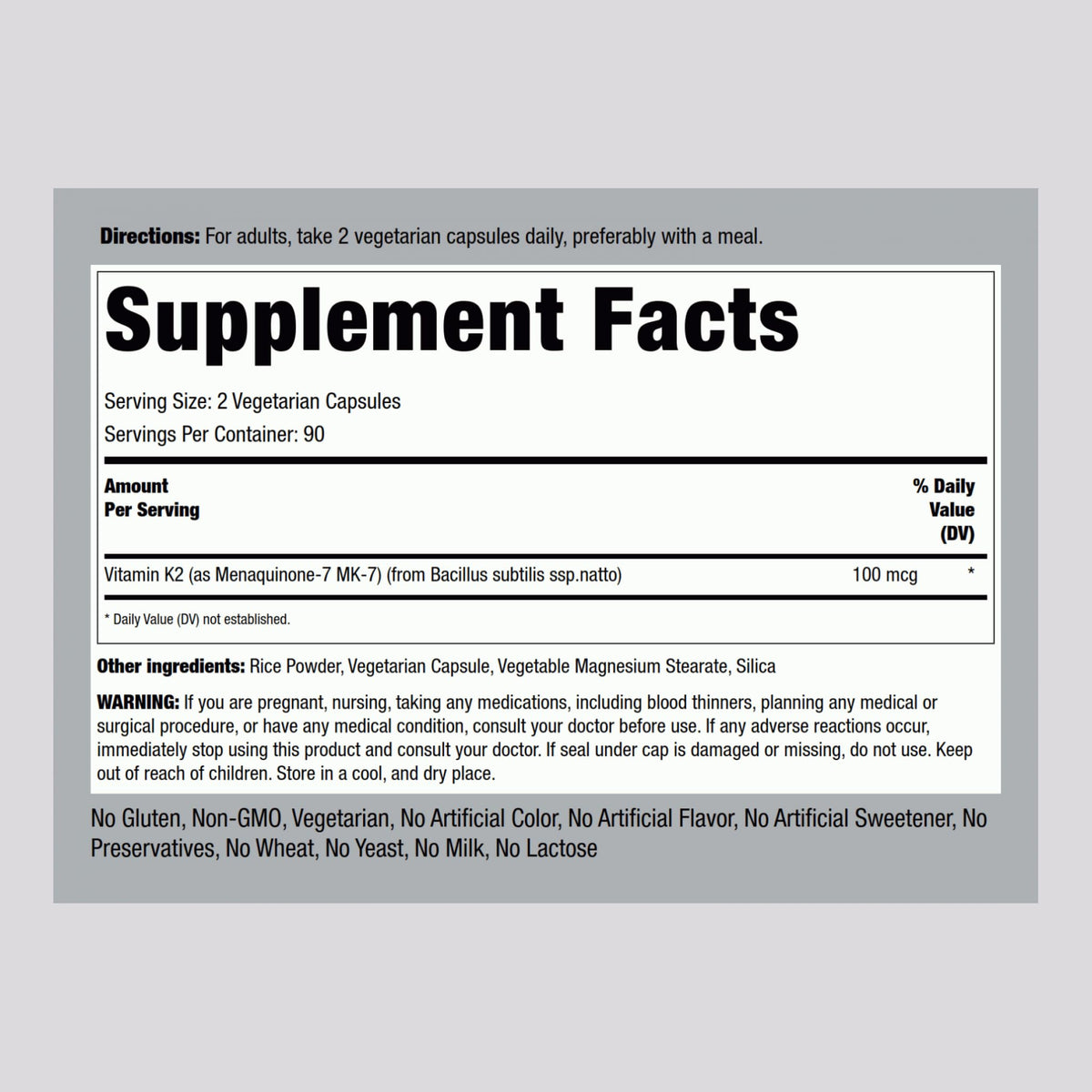 Piping Rock K2 MK7 Vitamin Supplement 100 mcg | 180 Vegetarian Capsules | Pack of 2
