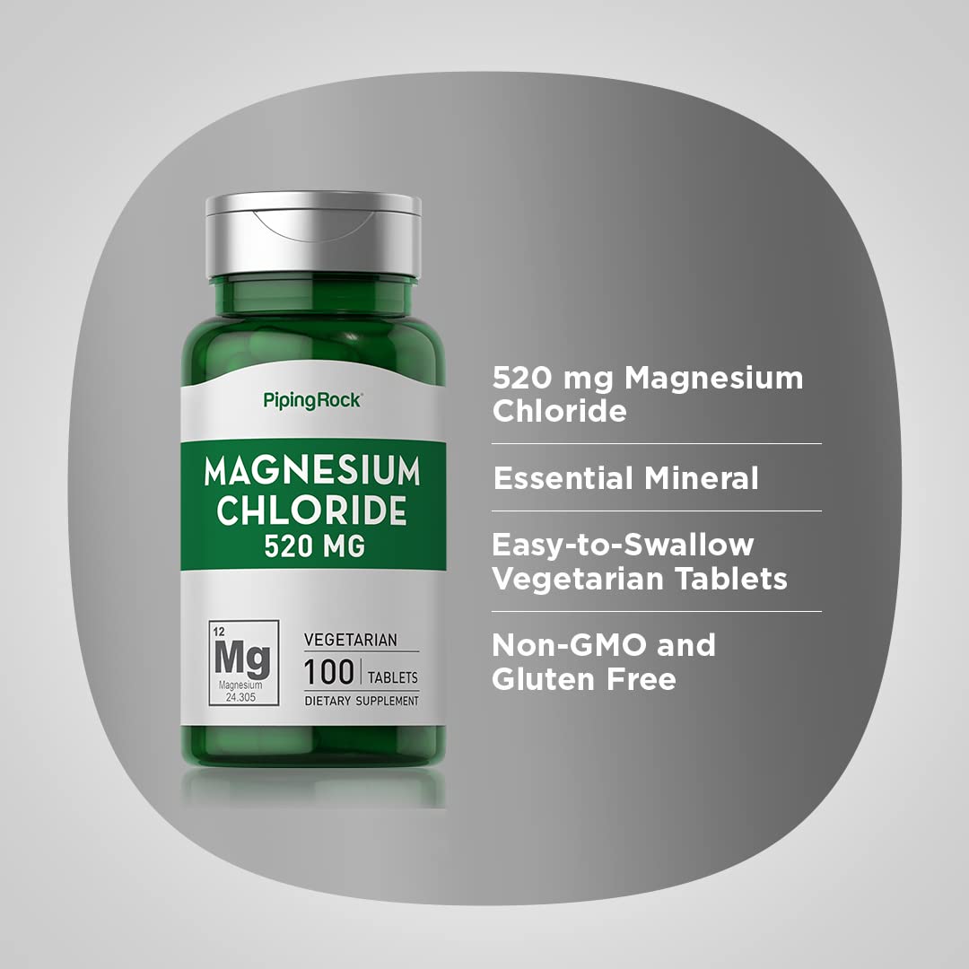 Piping Rock Magnesium Chloride 520mg – 100 Tablets | Vegetarian, Non-GMO, Gluten Free (Pack of 2)