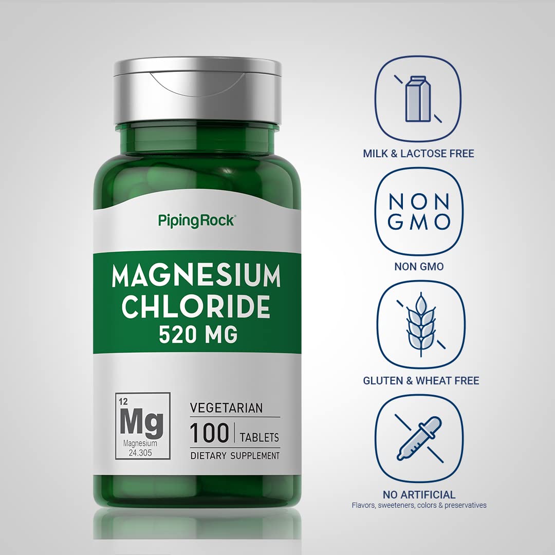 Piping Rock Magnesium Chloride 520mg – 100 Tablets | Vegetarian, Non-GMO, Gluten Free (Pack of 2)