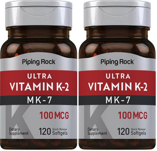 Piping Rock Vitamin K2 MK7 100 mcg - 120 Softgels (Pack of 2) | Non-GMO Gluten Free
