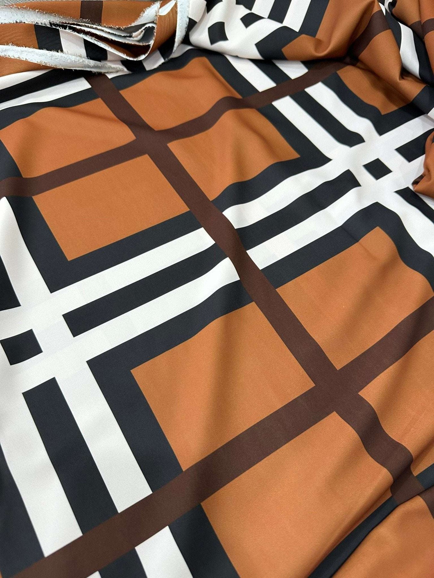 Brown and White Striped Plaid Fabric By Metre