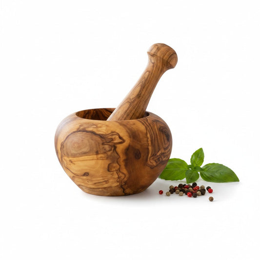 Handmade Olive Wood Round Mortar and Pestle Set | Hand-Turned Wooden Spice Herb Salt & Pepper Grinder | Unique Natural Grain | 8–16 cm