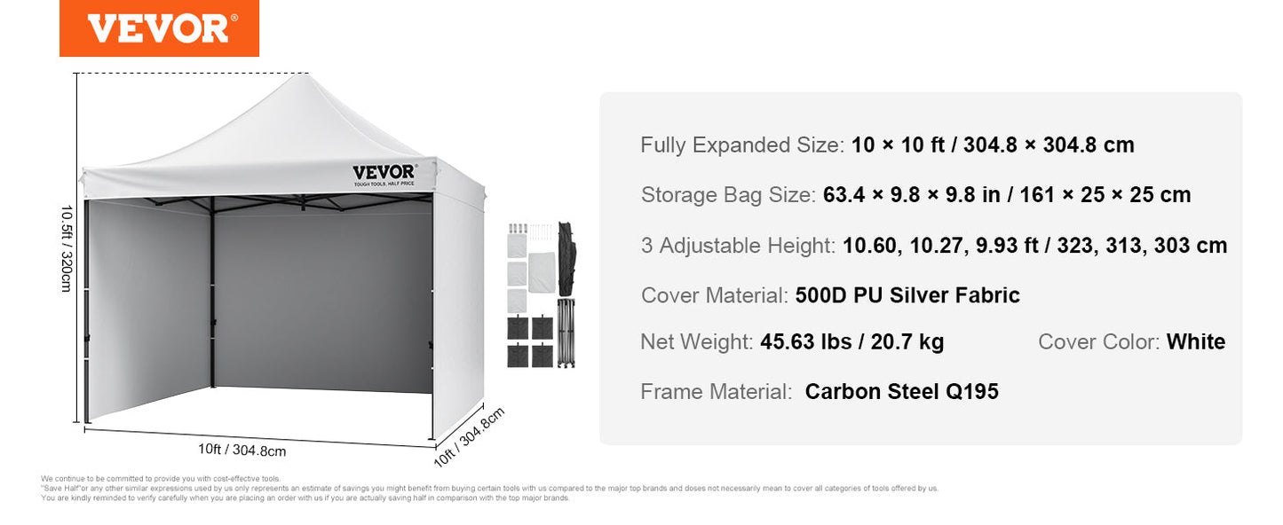VEVOR 10x10 FT Pop up Canopy with Removable Sidewalls Portable Gazebo & Wheeled Bag  UV Resistant Waterproof Tent for Patio
