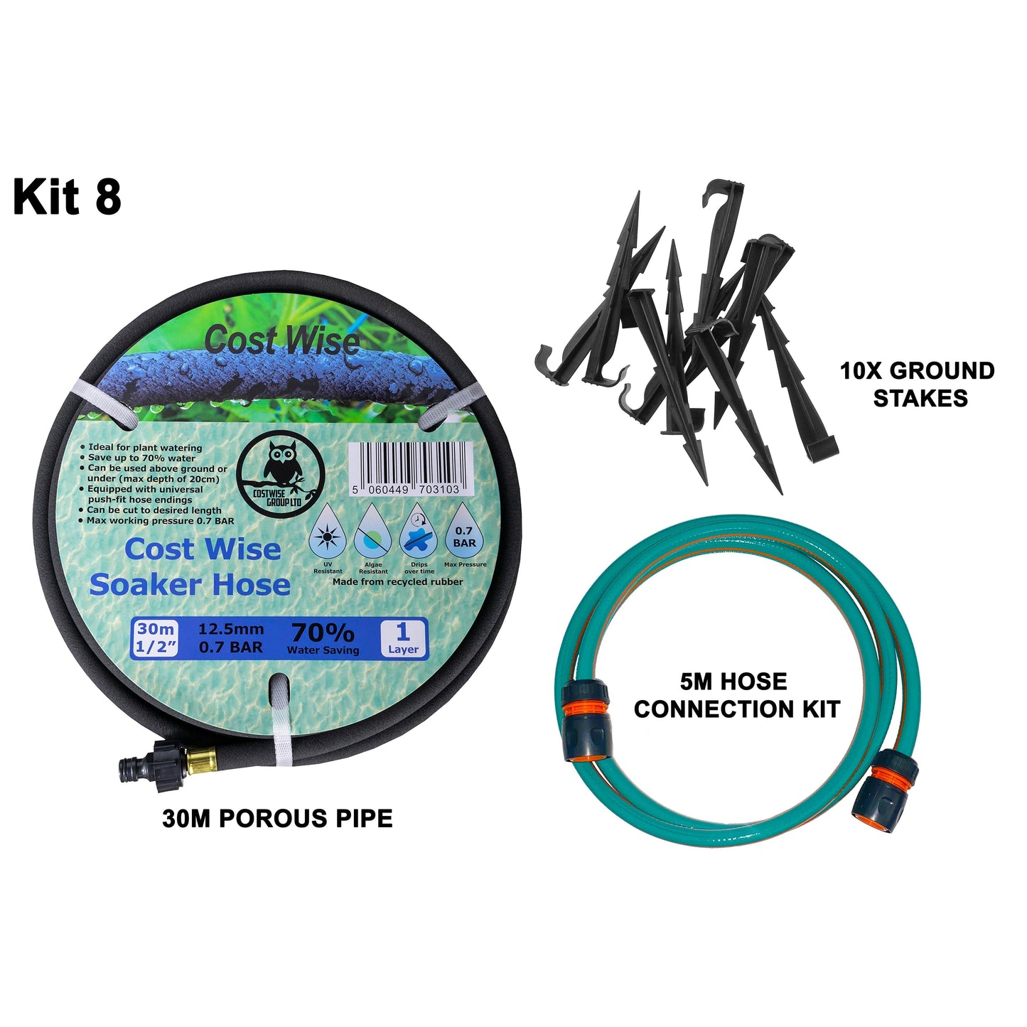 Porous Pipe Kit, POROUS-KIT8 Drip Irrigation Fitting Ground Pegs and Washers