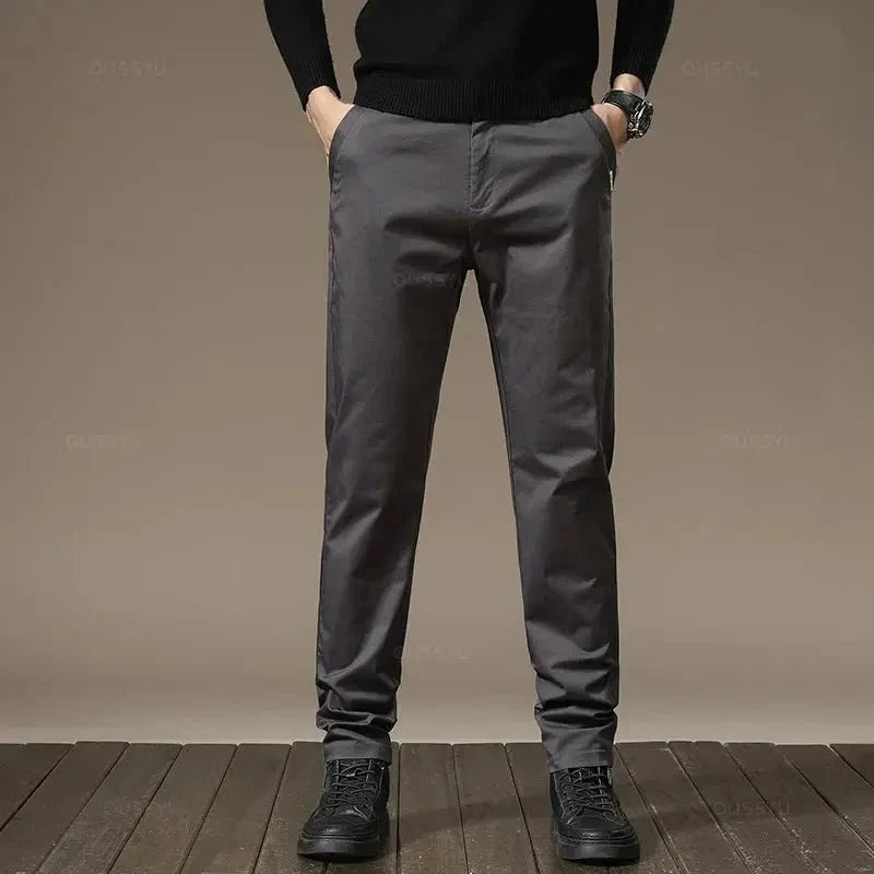 Premium Combed Cotton Men's Chinos | Business Casual Straight Fit Pants | Solid Color Gray Trousers