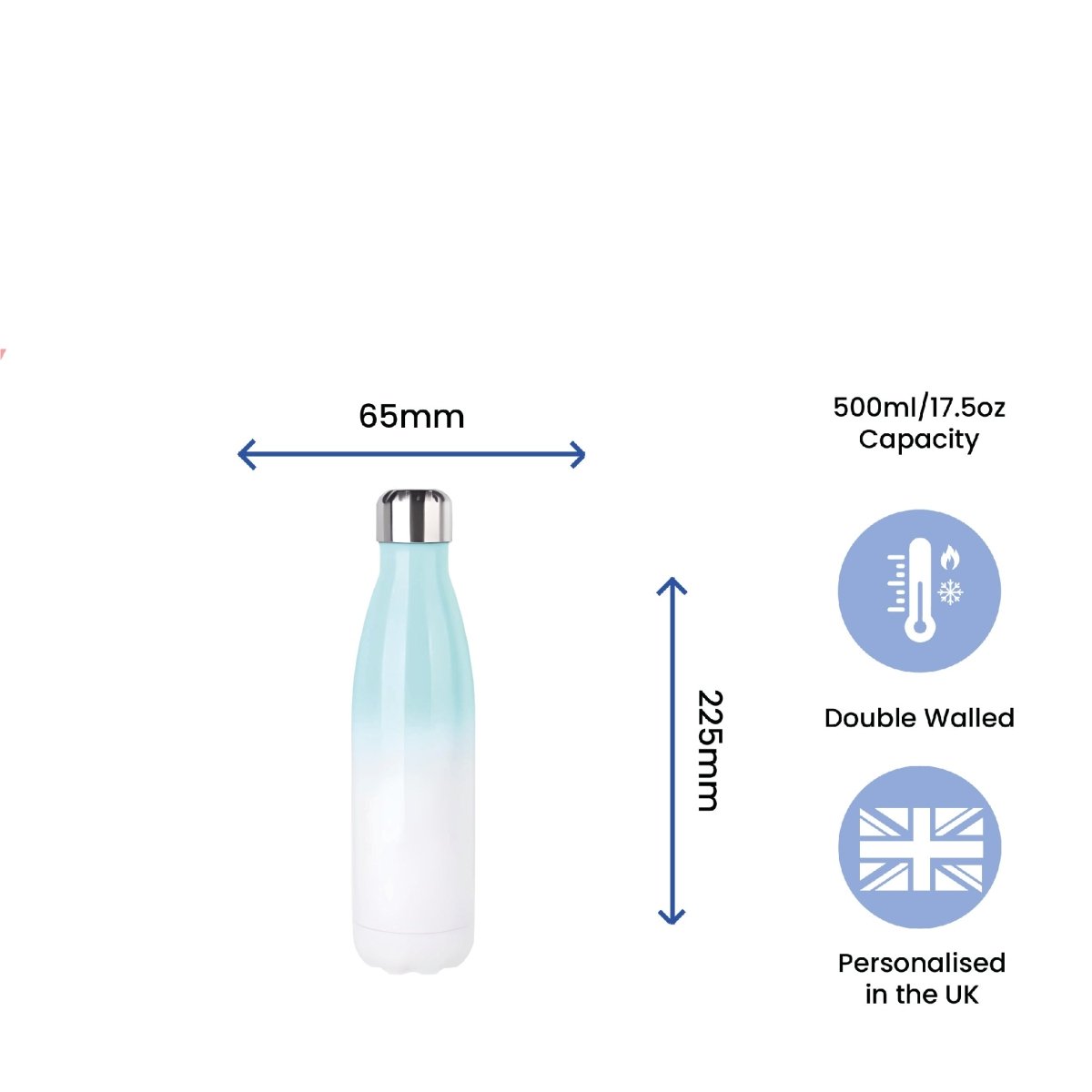 Printed Blue Gradient Thermal Bottle, Any Message, Stainless Steel 500ml/17oz
