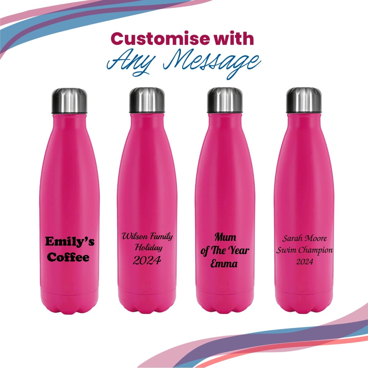 Printed Deep Pink Thermal Bottle, Any Message, Stainless Steel 500ml/17oz