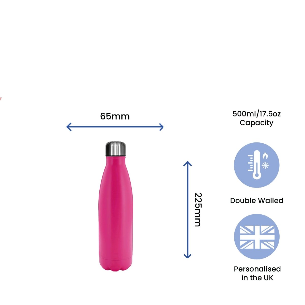 Printed Deep Pink Thermal Bottle, Any Message, Stainless Steel 500ml/17oz
