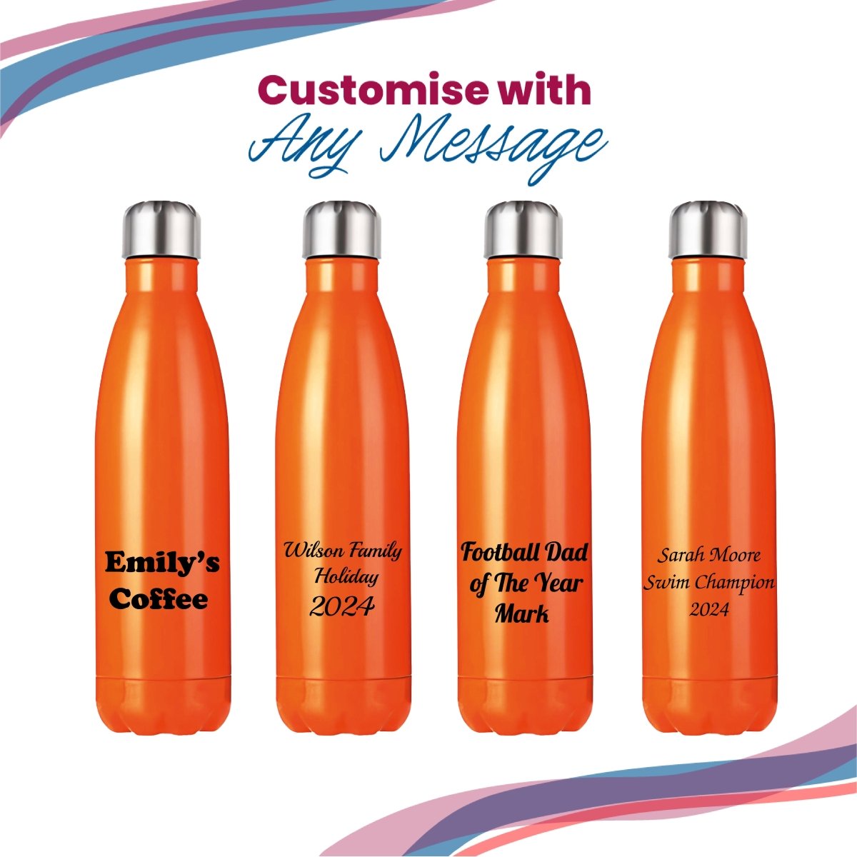 Printed Orange Thermal Bottle, Any Message, Stainless Steel 500ml/17oz