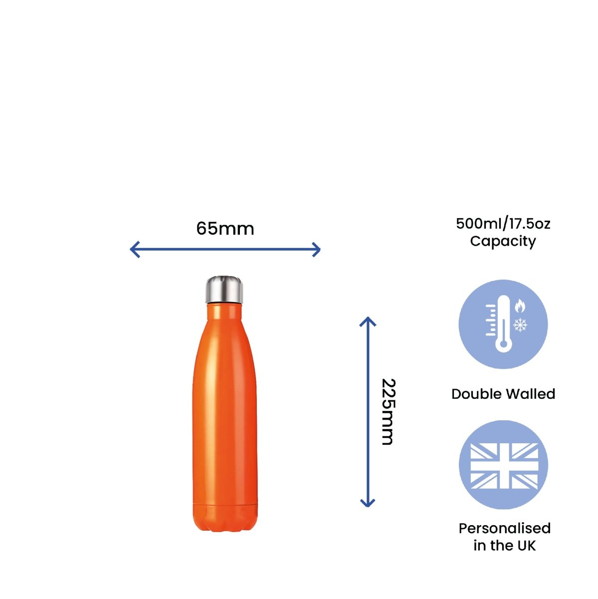 Printed Orange Thermal Bottle, Any Message, Stainless Steel 500ml/17oz