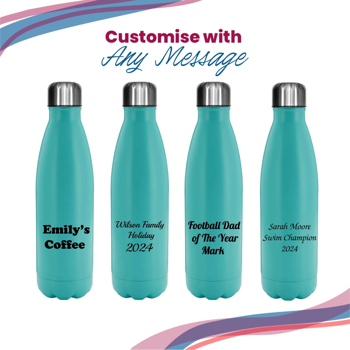 Printed Teal Thermal Bottle, Any Message, Stainless Steel 500ml/17oz