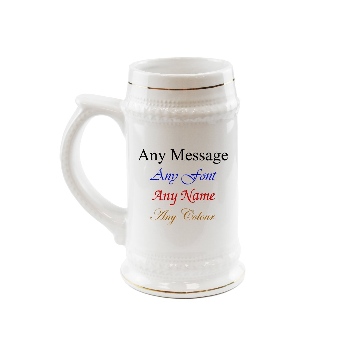 Printed White Ceramic Beer Mug, Any Message, Gold Rimmed, 22oz/560ml