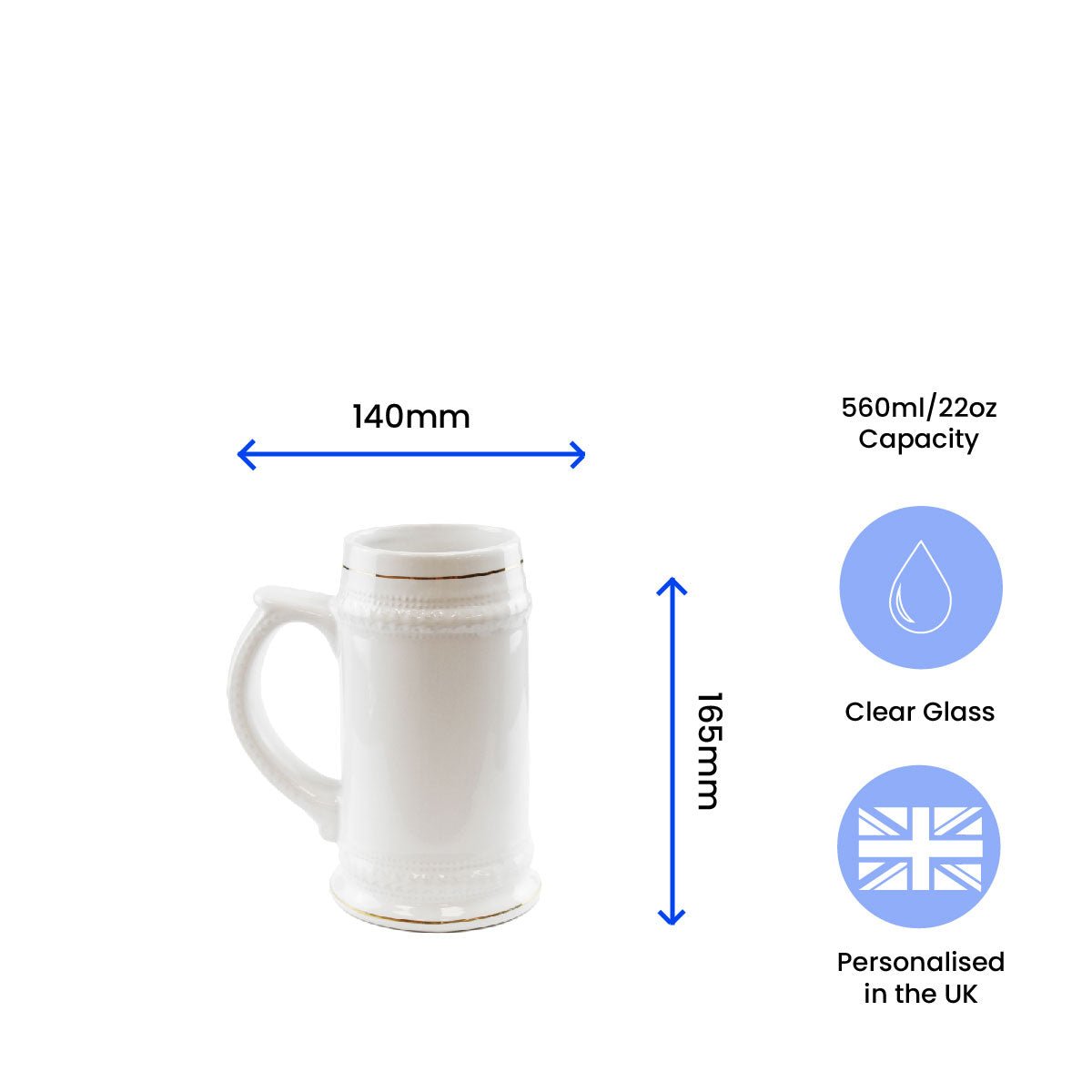 Printed White Ceramic Beer Mug, Any Message, Gold Rimmed, 22oz/560ml