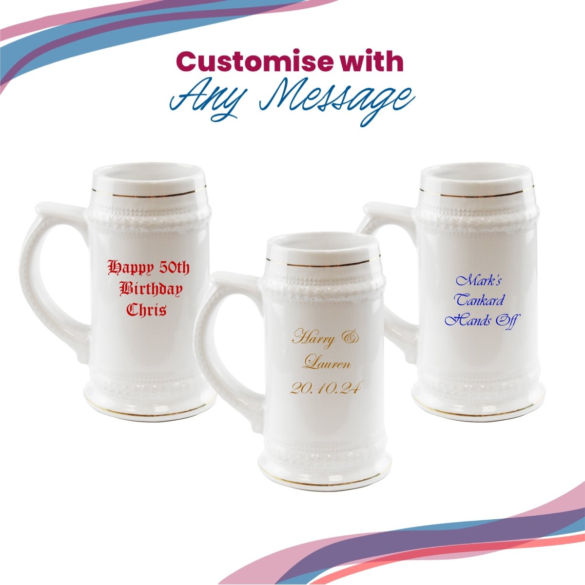Printed White Ceramic Beer Mug, Any Message, Gold Rimmed, 22oz/560ml