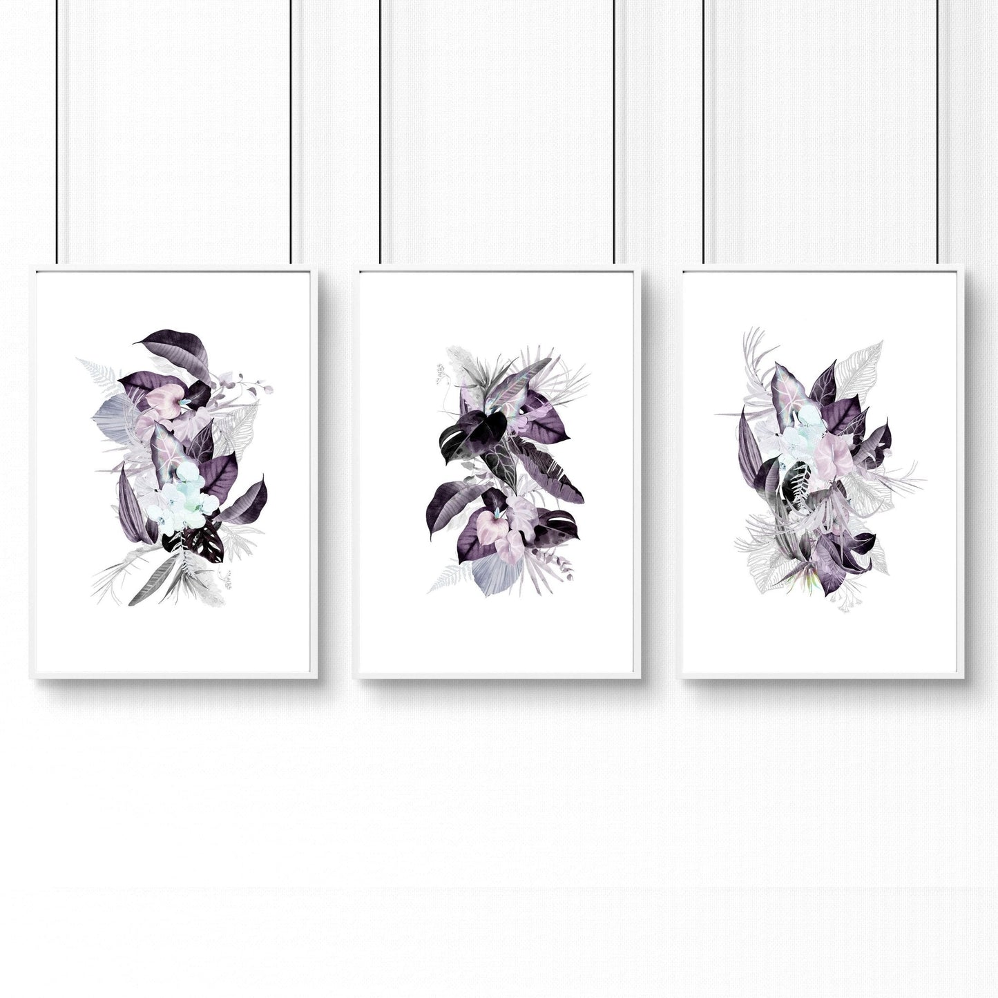Wall decor for bathrooms | Set of 3 Tropical Purple wall art