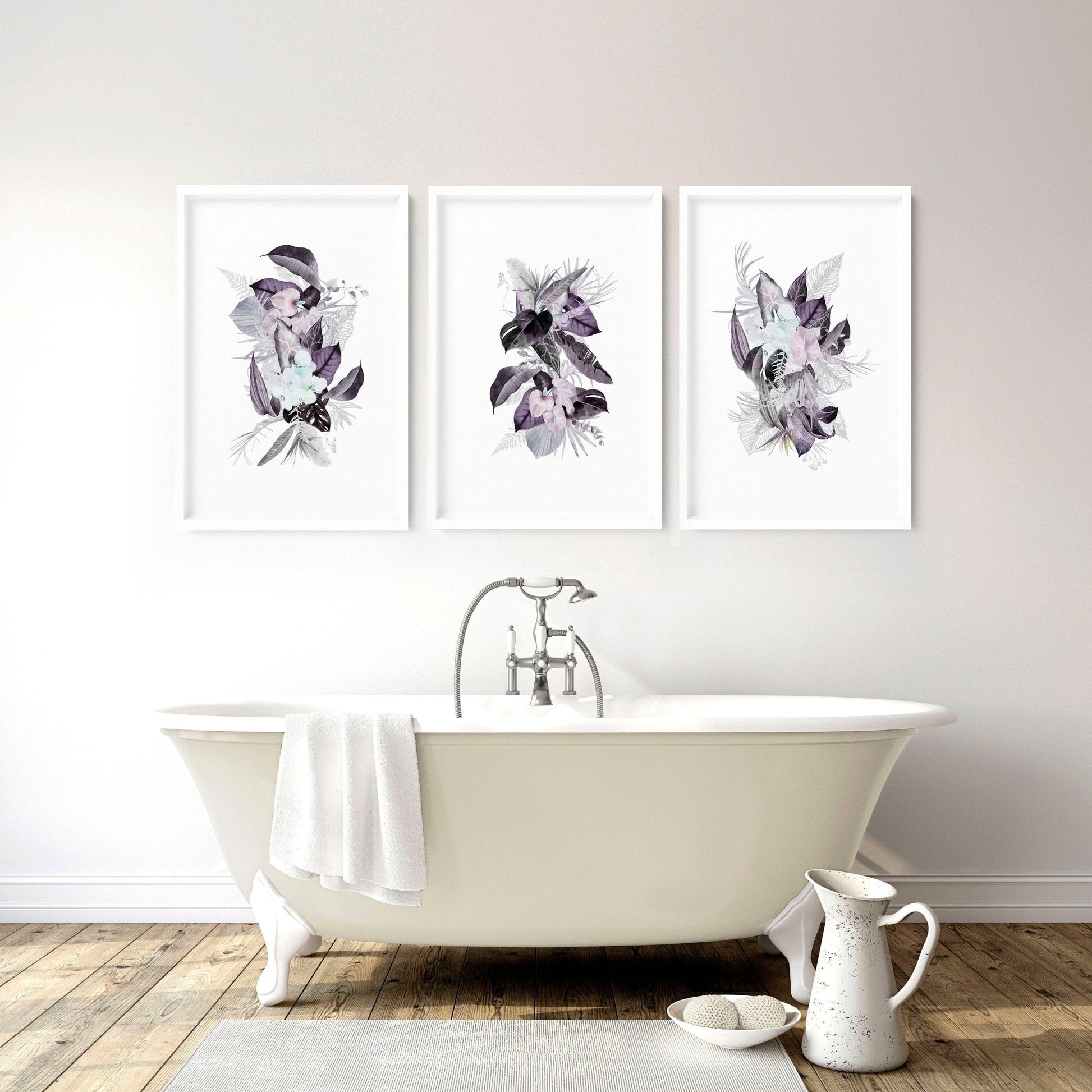 Wall decor for bathrooms | Set of 3 Tropical Purple wall art