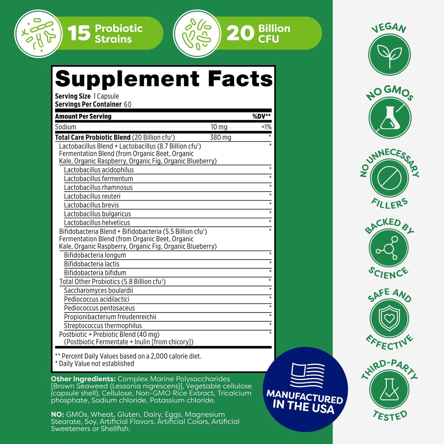 Probulin Total Care Probiotic Supplement – 20B CFU, 60-Count Vegan Capsules