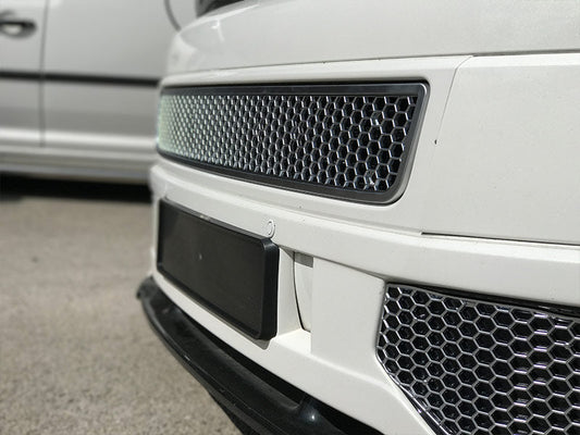 For VW T5.1 Transporter Honeycomb Bumper Grille + Fog Light Trims + Number Plate Trim Matte Chrome Sportline Painted and Ready to Fit