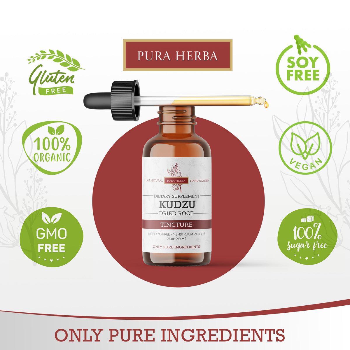 Pura Herba Organic Kudzu Root Extract – Alcohol-Free, Vegan, Non-GMO, Made in USA – 2 Fl Oz
