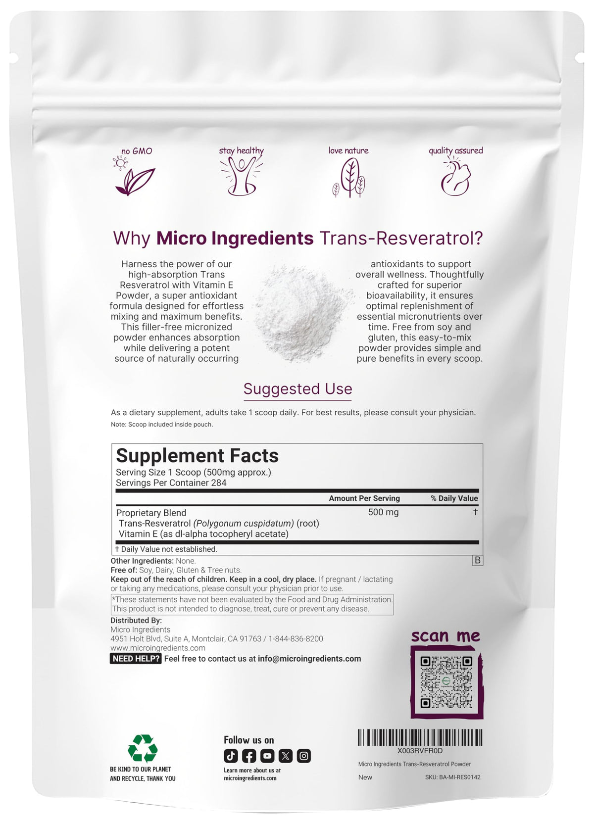 Pure Trans-Resveratrol Powder with Vitamin E – 5 oz, 2-in-1 Micronized Formula