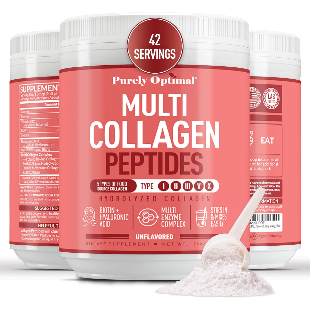 Purely Optimal Multi Collagen Powder for Women – 5 Types, Biotin & Hyaluronic Acid (Unflavored, 42 Servings)