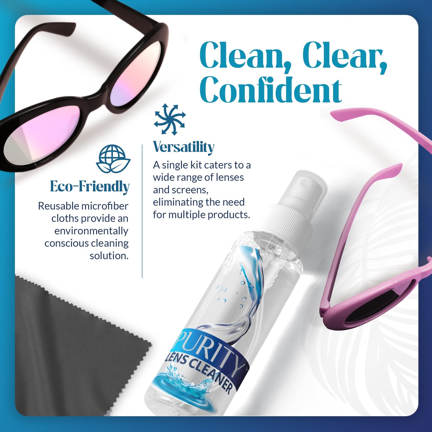 Purity Eyeglass Lens Cleaner Spray Kit – 3 x 8oz Bottles + 2 Microfiber Cloths (AR Coated)