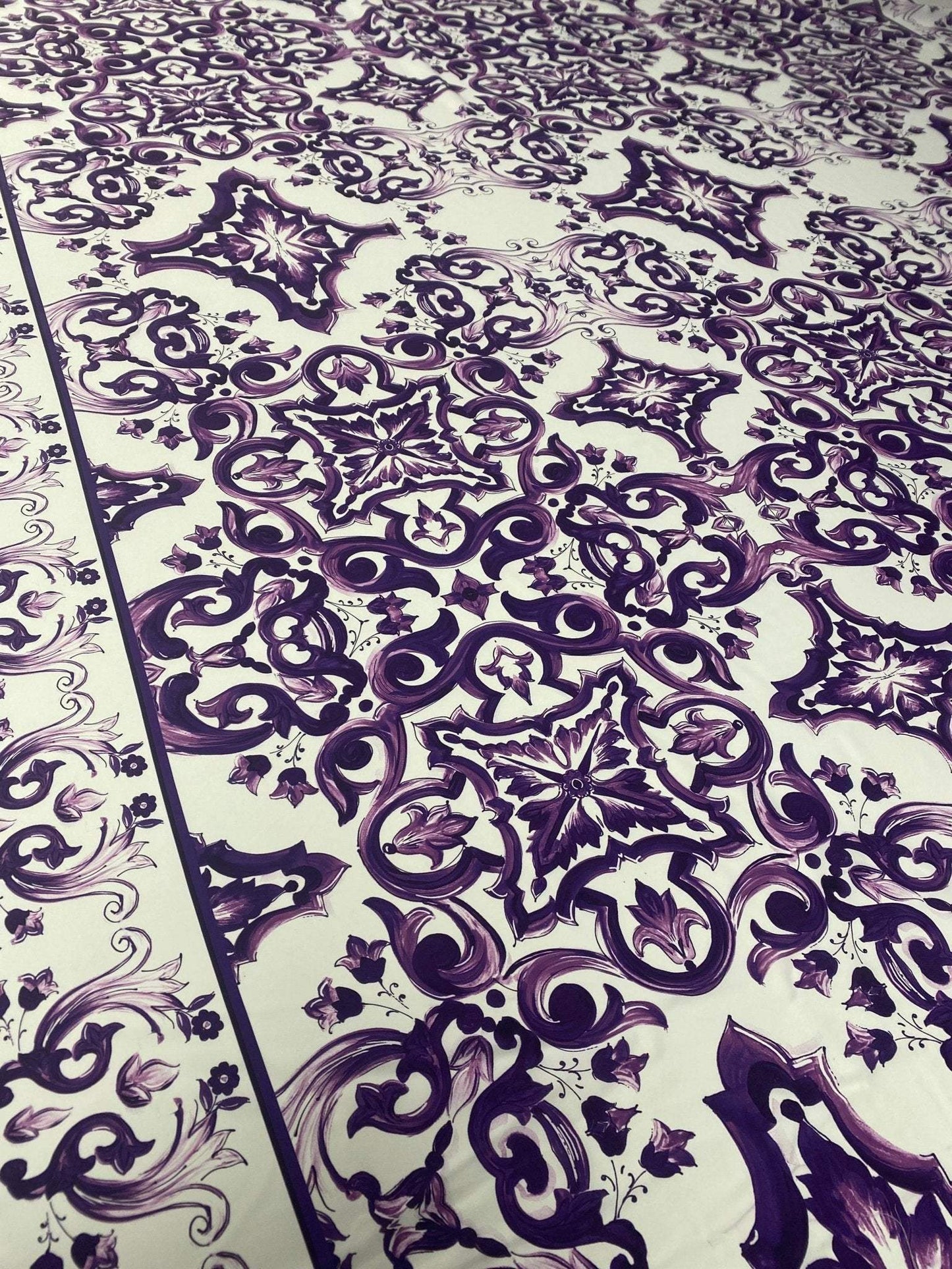 Majolica Floral Scroll Purple White Fabric by the Metre
