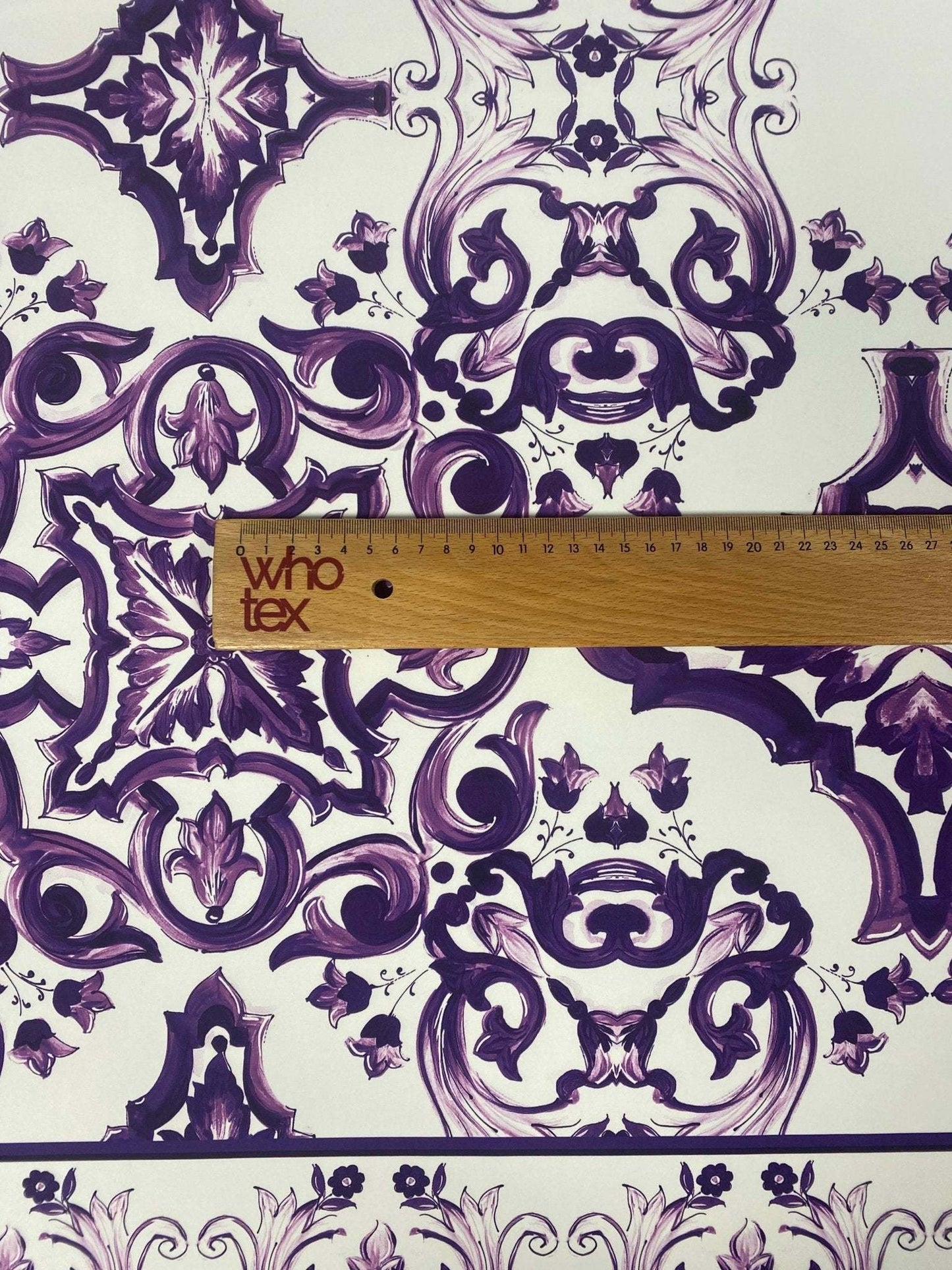 Majolica Floral Scroll Purple White Fabric by the Metre