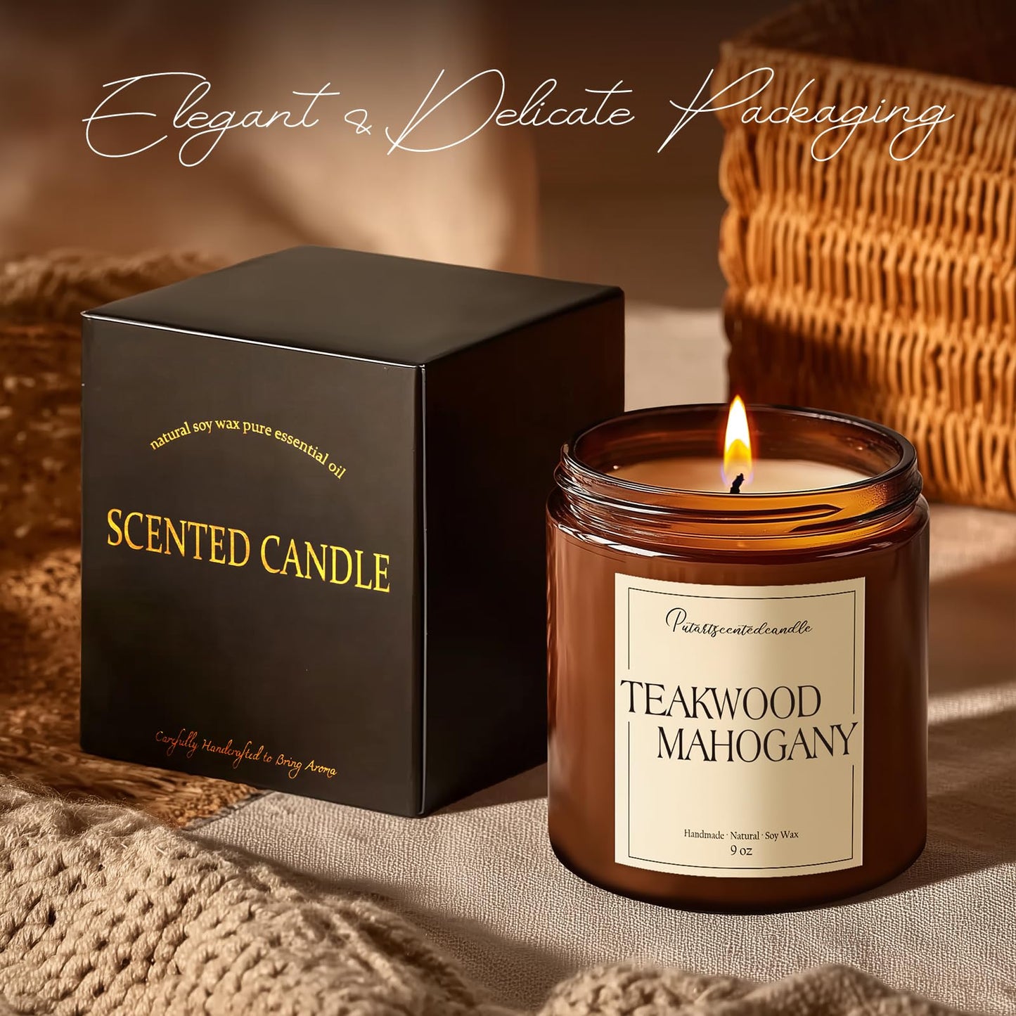 Putart Mahogany & Teakwood 9oz Soy Candle – Natural Aromatherapy Jar for Home (Stress Relief & Meditation)