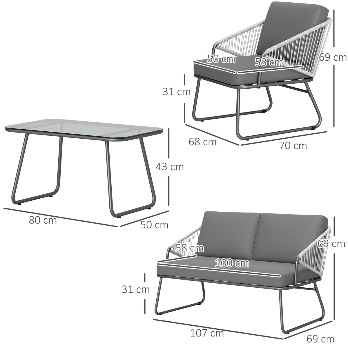 Outsunny 4 Piece Rattan Garden Furniture Set with Cushions, Grey
