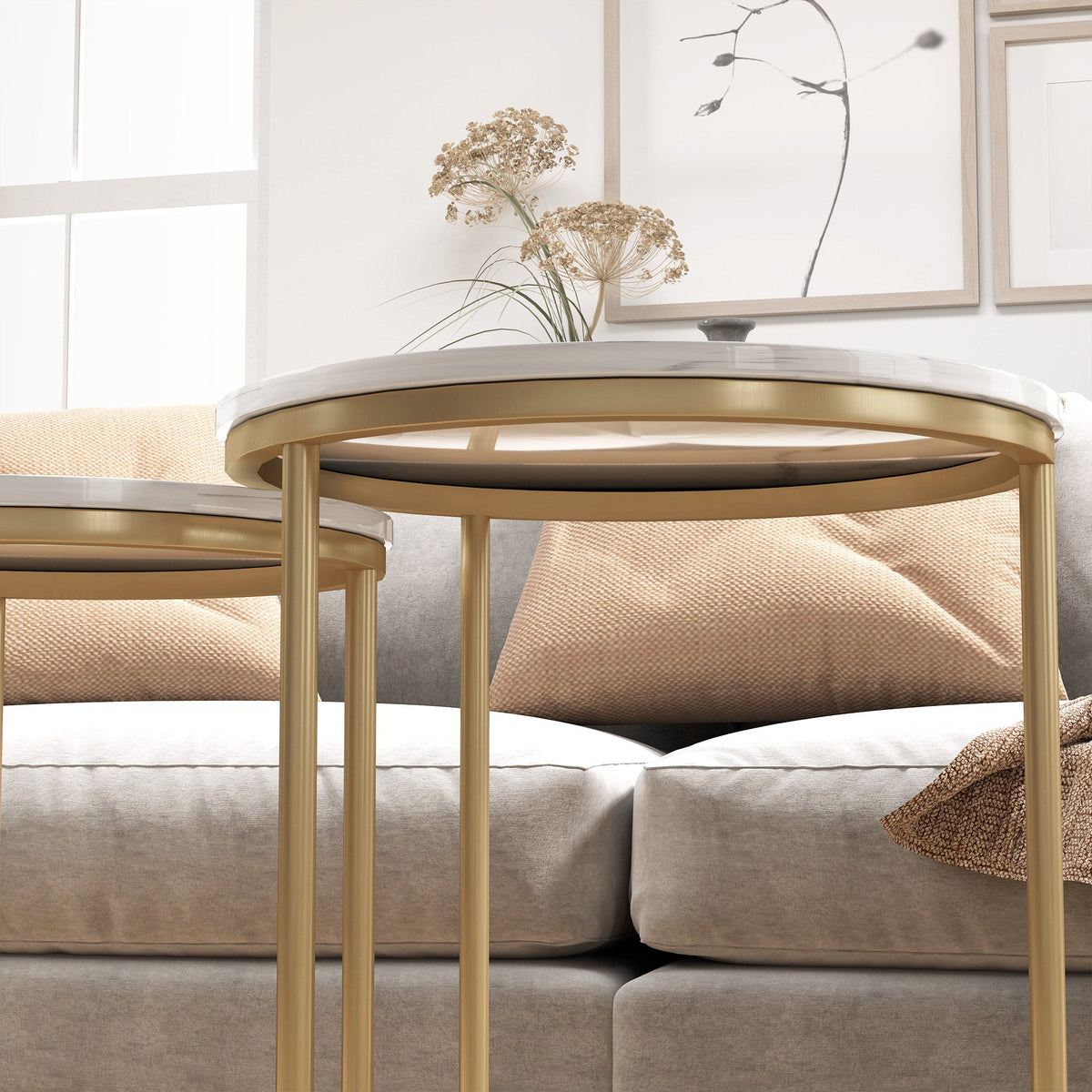 HOMCOM Nesting Coffee Table Set of 2 with Metal Frame, Gold Tone