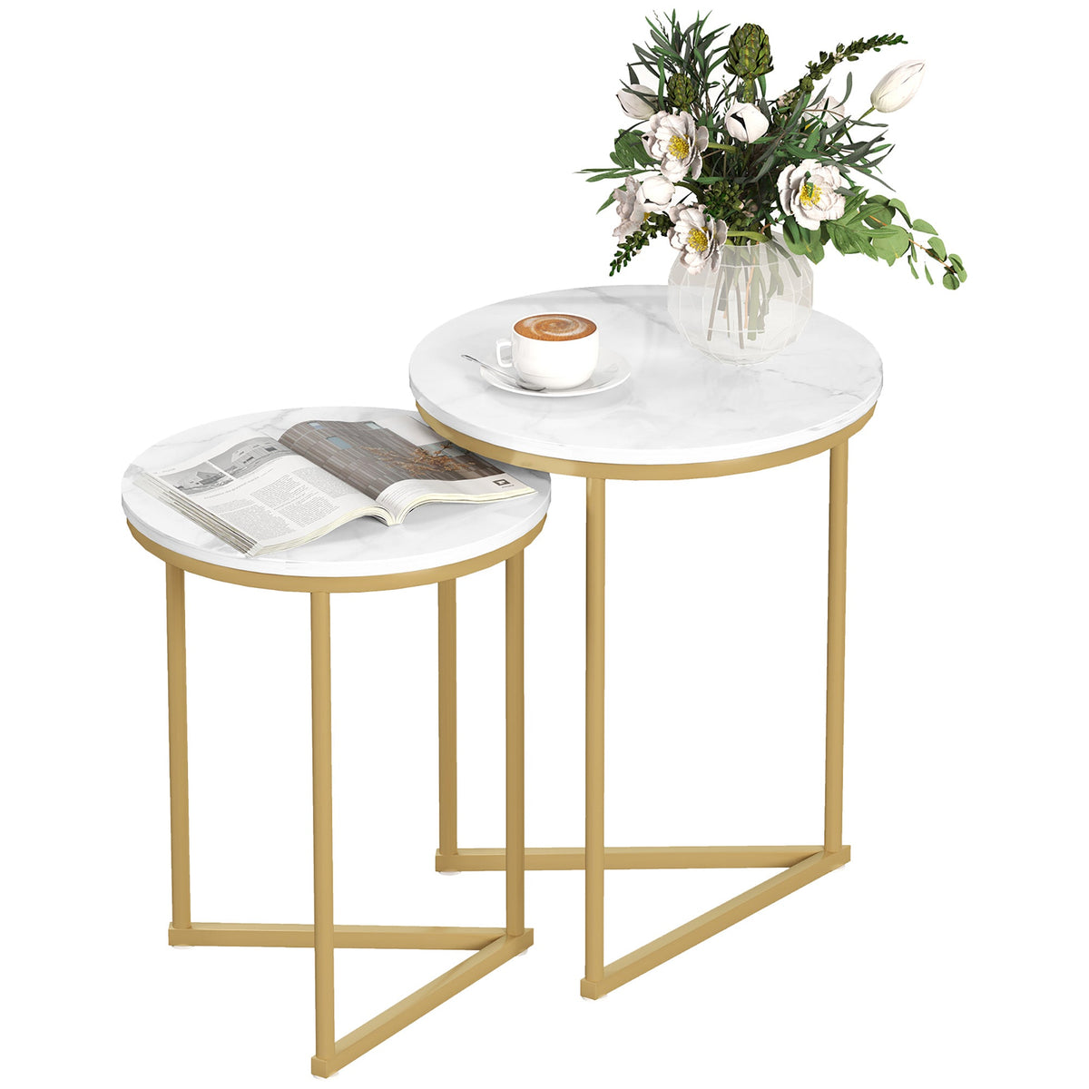 HOMCOM Nesting Coffee Table Set of 2 with Metal Frame, Gold Tone