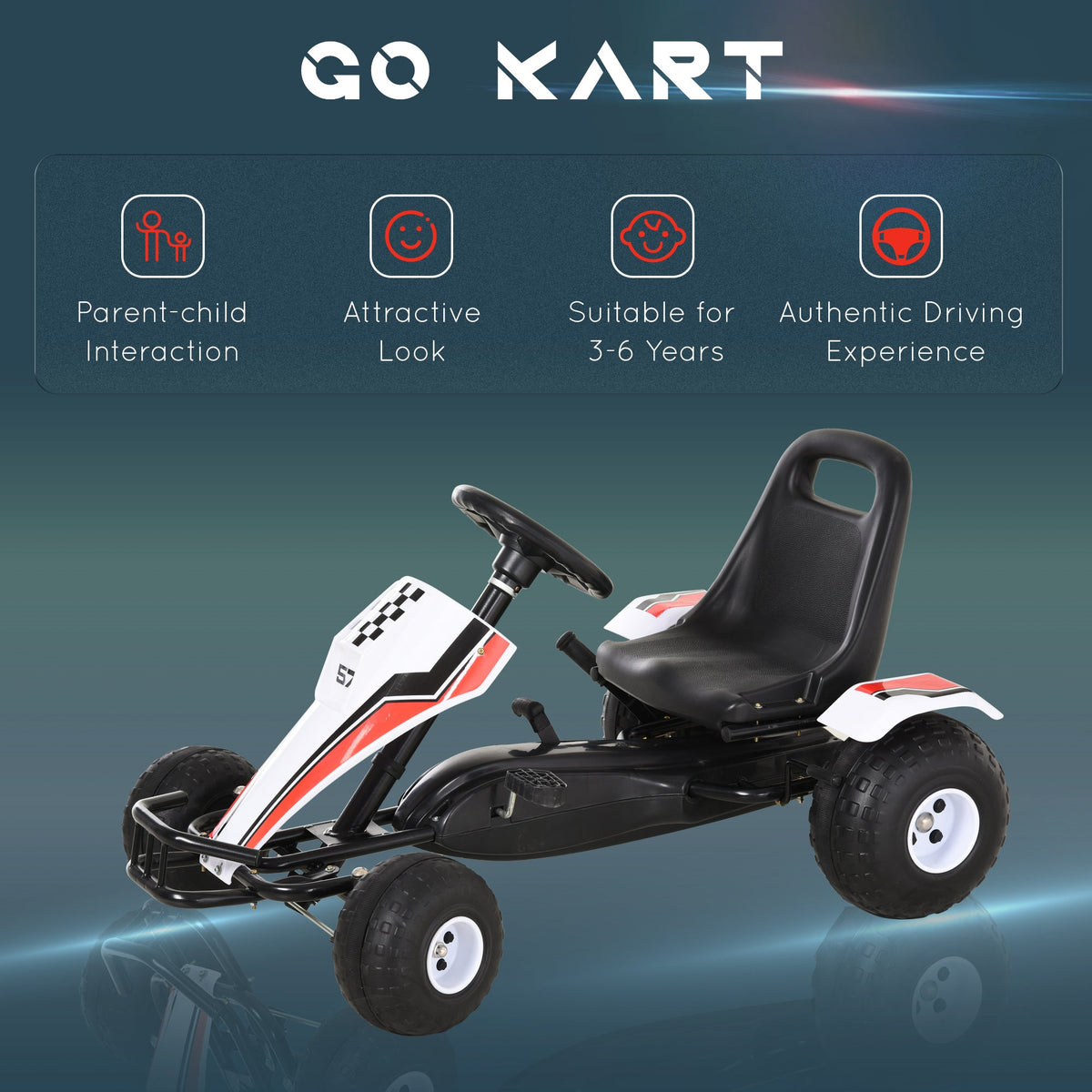 HOMCOM Kids Children Pedal Go Kart Manual Ride On Car w/Brake Gears Steering Wheel Adjustable Seat 4 Smooth Wheels Racing-Style White 104 x 66 x 57 cm
