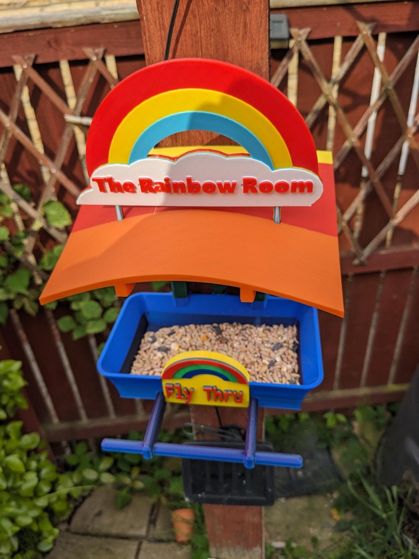 Rainbow Garden Bird Feeding Station - Garden bird seed feeder - quirky outdoor Decor - Wild Bird Food table - sparrow blue tit blackbird