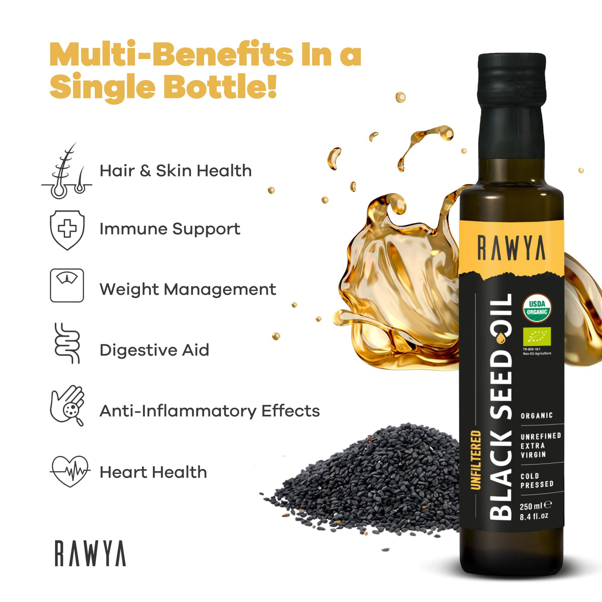 RAWYA Black Seed Oil - Organic Cold-Pressed Nigella Sativa (Turkish Origin) - USDA Organic - 2x250ml Glass