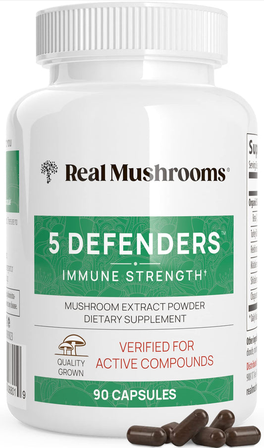 Real Mushrooms 5 Defenders – Adaptogenic Mushroom Complex (90 Count)