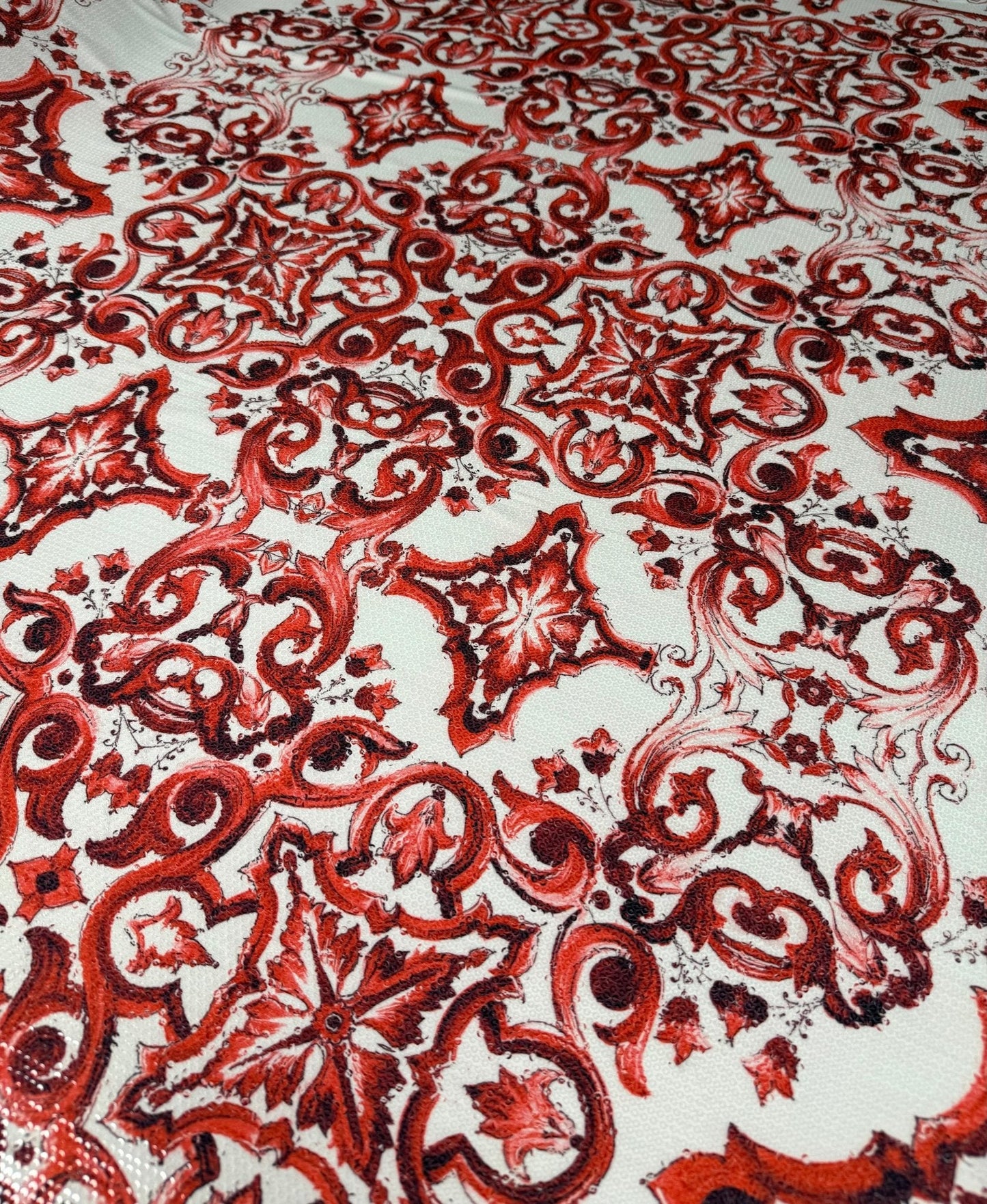 Red Baroque Sequin Fabric by the Metre – Ornate Sparkle Material