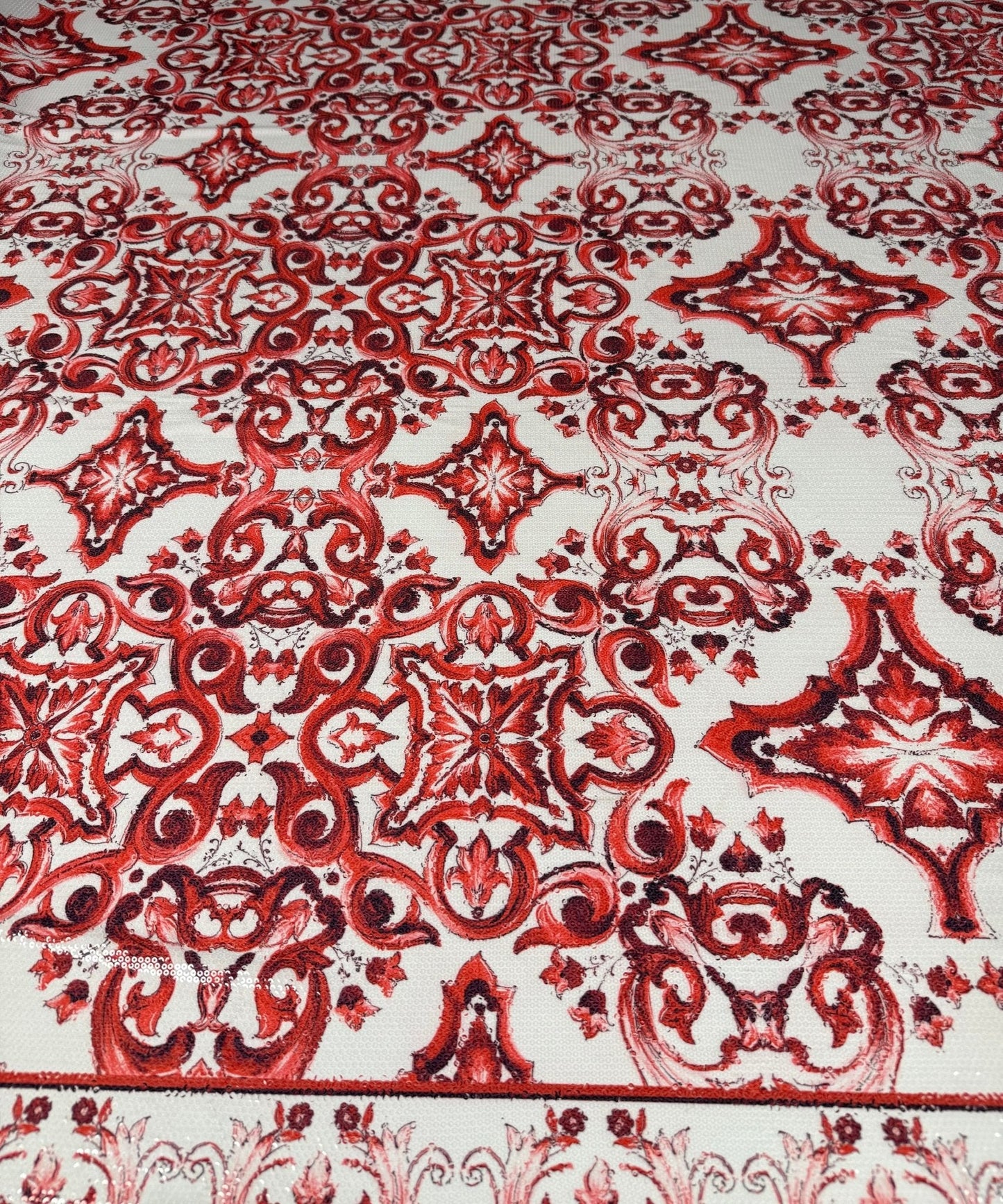 Red Baroque Sequin Fabric by the Metre – Ornate Sparkle Material
