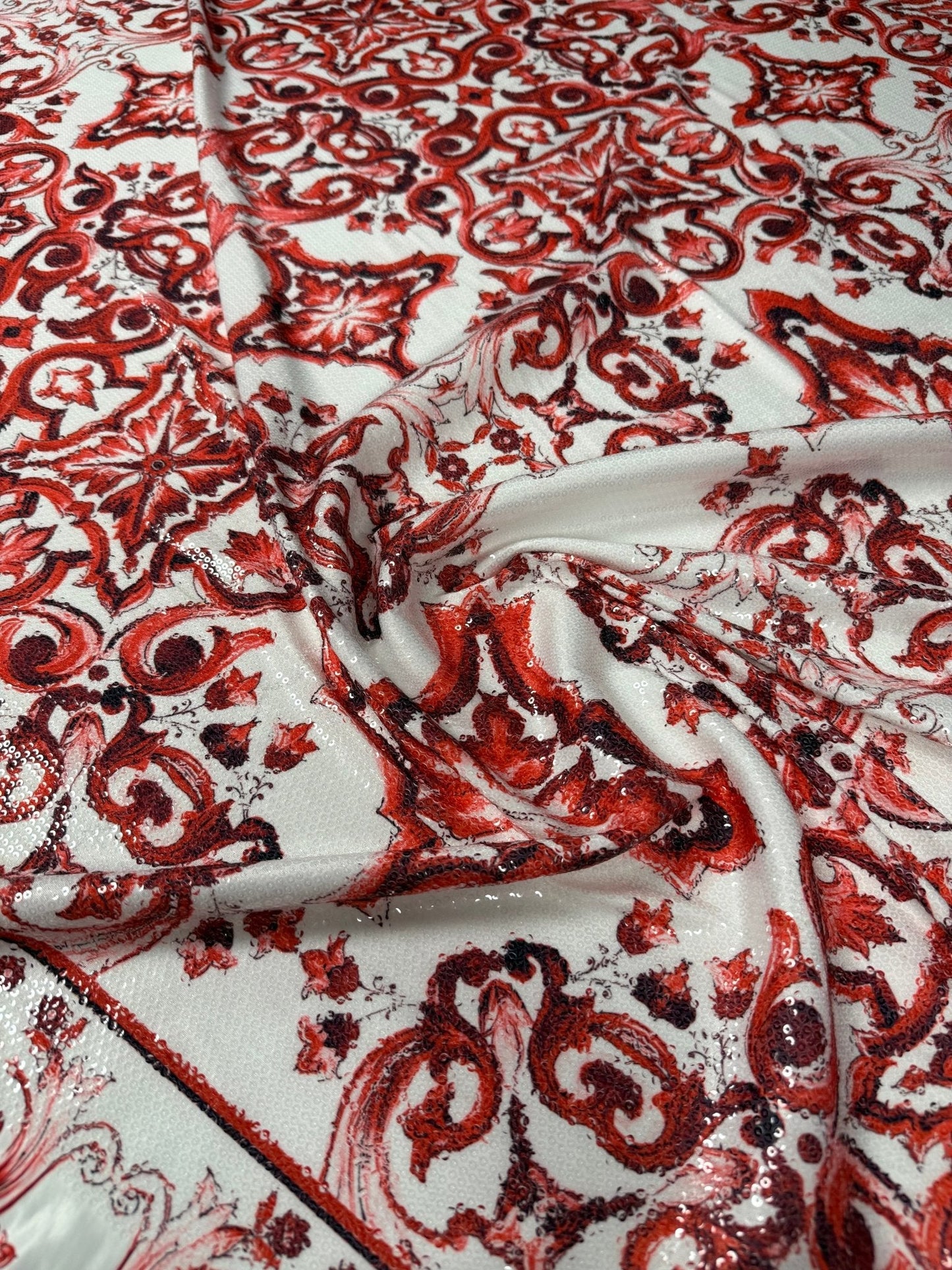 Red Baroque Sequin Fabric by the Metre – Ornate Sparkle Material