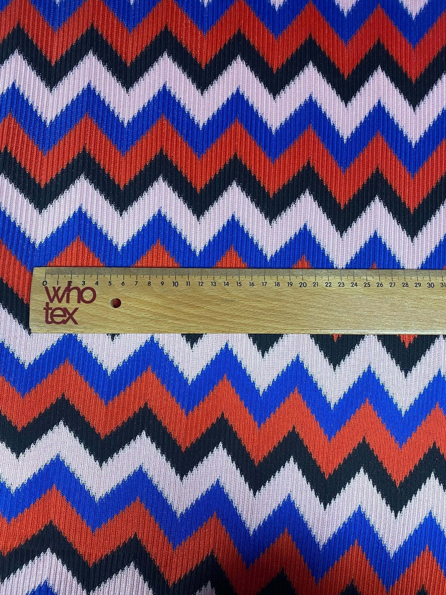 Bold Zigzag Mesh Knit Fabric in Red Blue and Black by the Metre