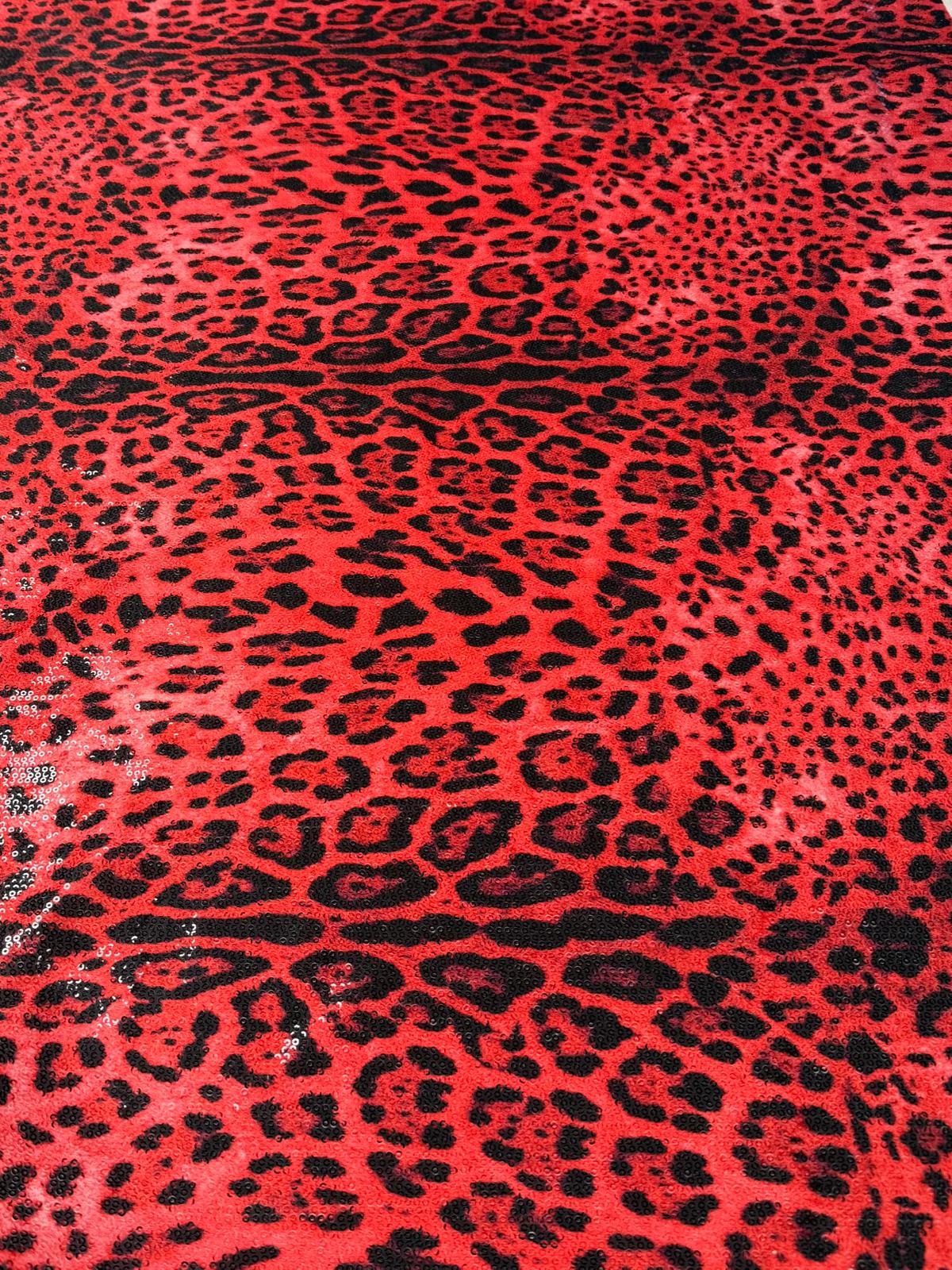 Red Leopard Sequin Fabric for Party Outfits