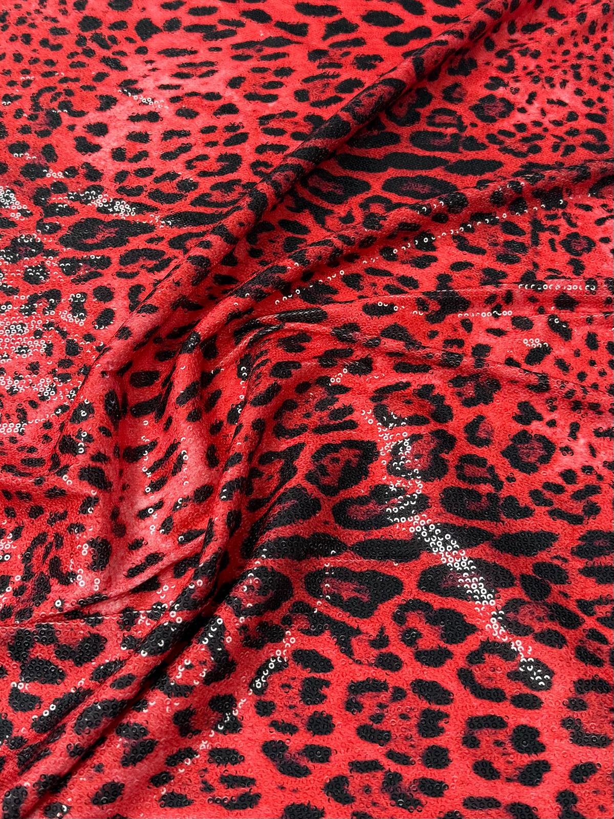 Red Leopard Sequin Fabric for Party Outfits