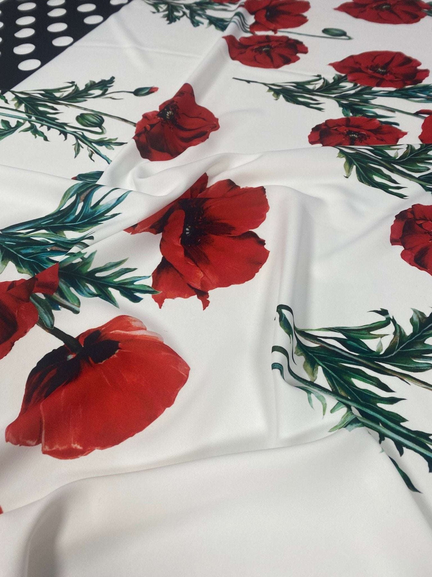 Red Poppy Floral Fabric With Polka Dot Border by the Metre