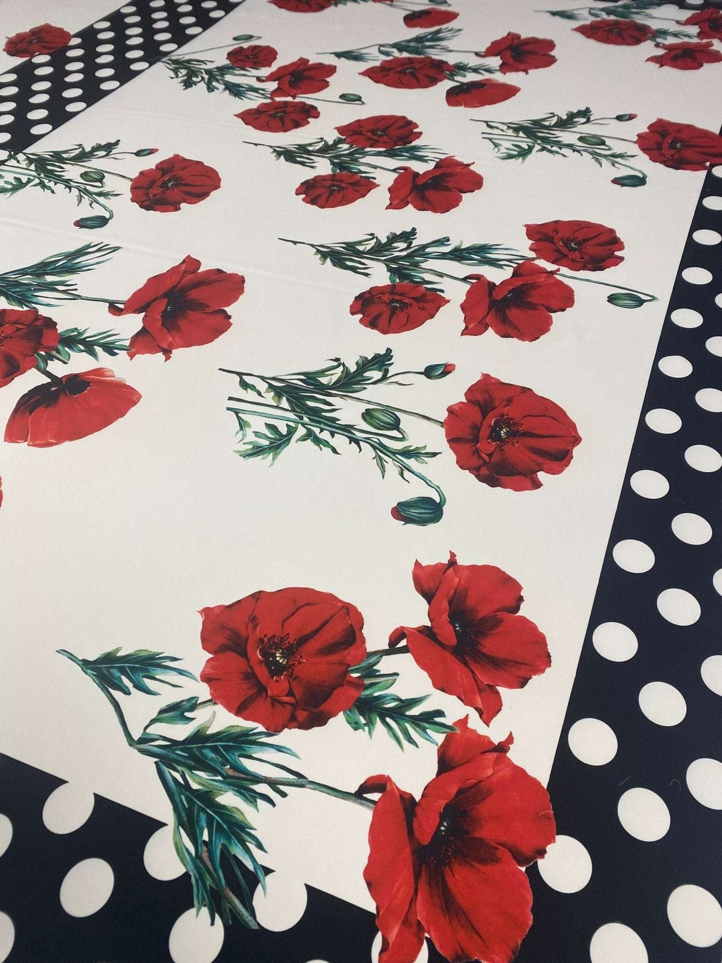 Red Poppy Floral Fabric With Polka Dot Border by the Metre