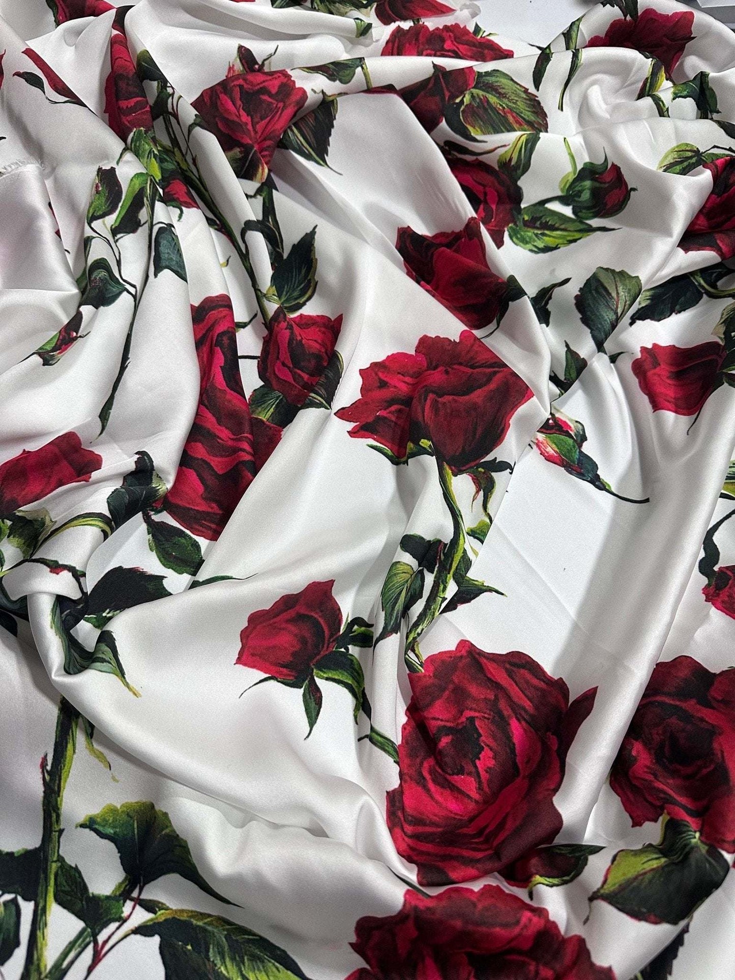 Red Rose Pattern White Fabric by Metre