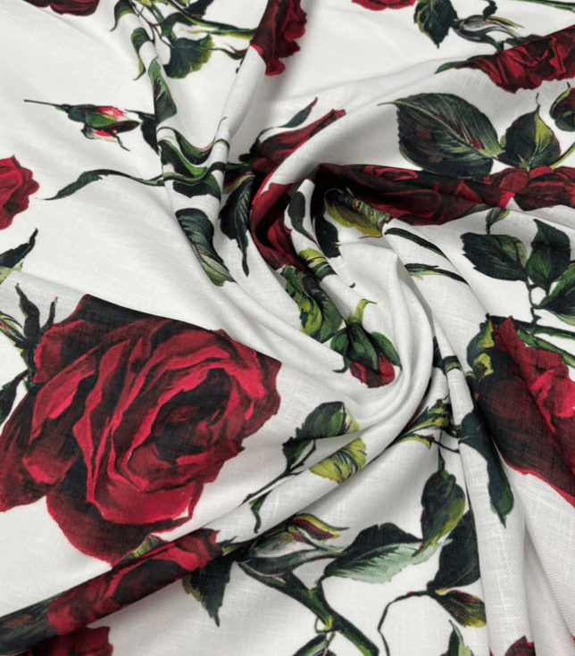 Red Rose Pattern White Fabric by Metre