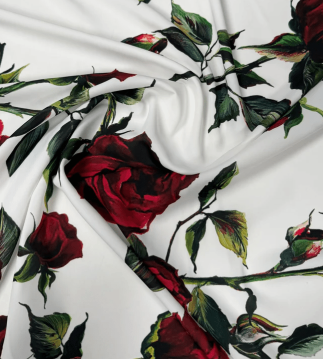 Red Rose Pattern White Fabric by Metre