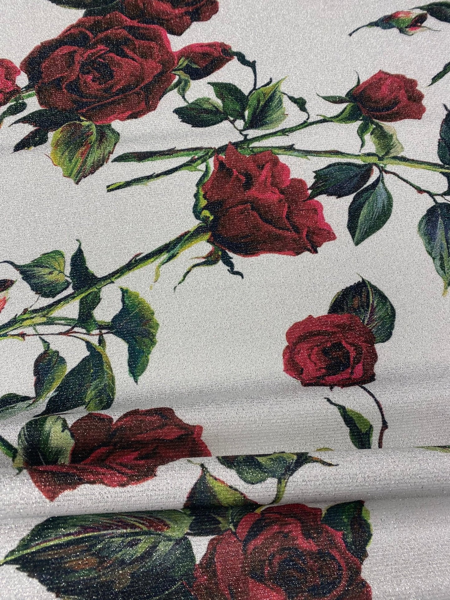 Red Rose Pattern White Fabric by Metre